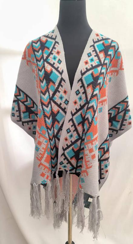 Gray knit kimono cardigan with colorful Aztec geometric pattern in teal, orange, and navy, displayed on mannequin with fringe hem - 5-day digital sample ready