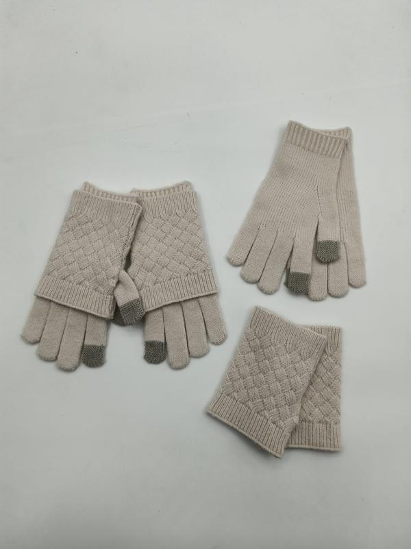 Beige knit glove set with basketweave pattern showing fingerless gloves, full touchscreen gloves, and wrist warmers with grey fingertips - free sample within 7 days