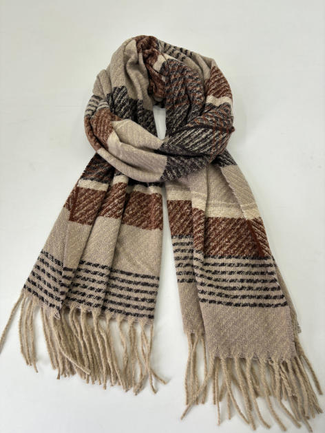 Folded beige, brown, and black plaid woven scarf with long fringe ends on white background - private label service available