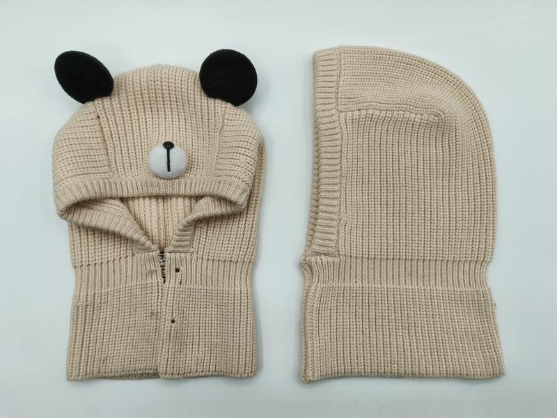 Beige chunky knit bear balaclava with black ears and embroidered nose, shown front and back view on white background - jacquard custom pattern accepted
