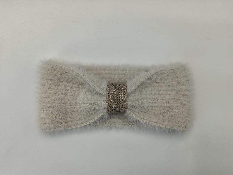 Beige fuzzy knit ear warmer headband with gold metallic crochet center band, flat lay on white background - MOQ 100pcs mixed colors OK