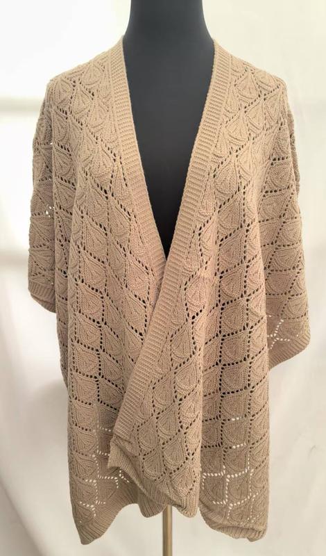 Beige oversized open-front knit cardigan with square leaf lace crochet pattern displayed on a mannequin - certified scarf manufacturer China