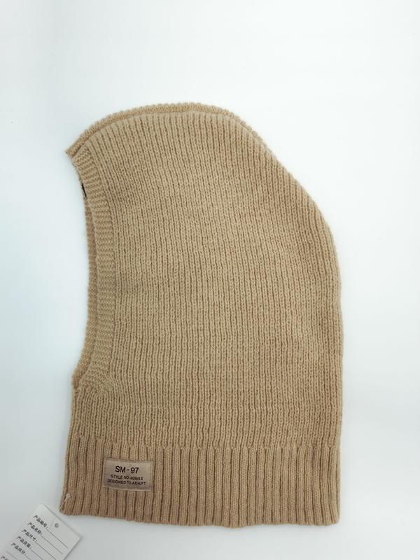 Beige ribbed knit balaclava ski mask laid flat showing SM-97 label, full face winter hat in camel tan color - custom Pantone color matching