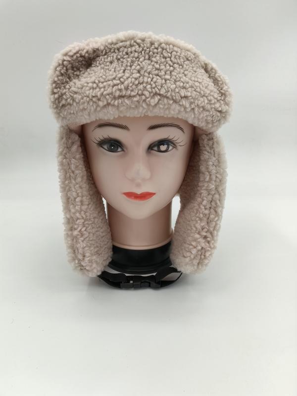 Beige sherpa fleece trapper ushanka hat with ear flaps displayed on female mannequin head, front view - 5-day digital sample ready