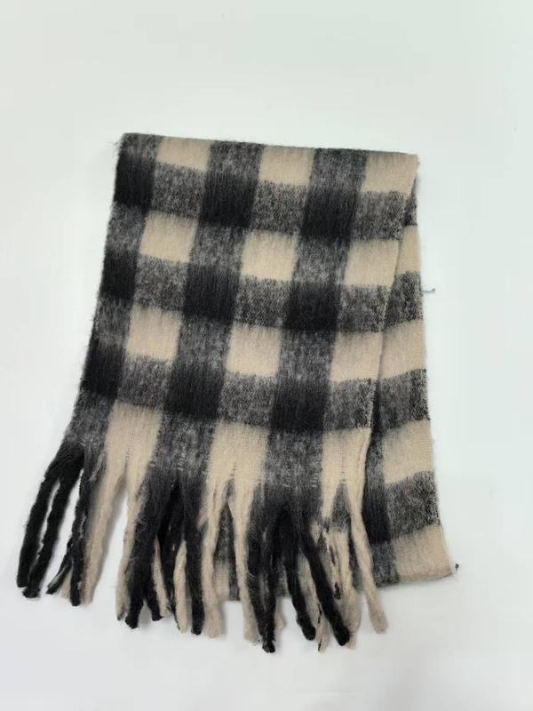 Folded black and cream large buffalo plaid winter scarf with tassel fringe ends on white background - sample order 10pcs available