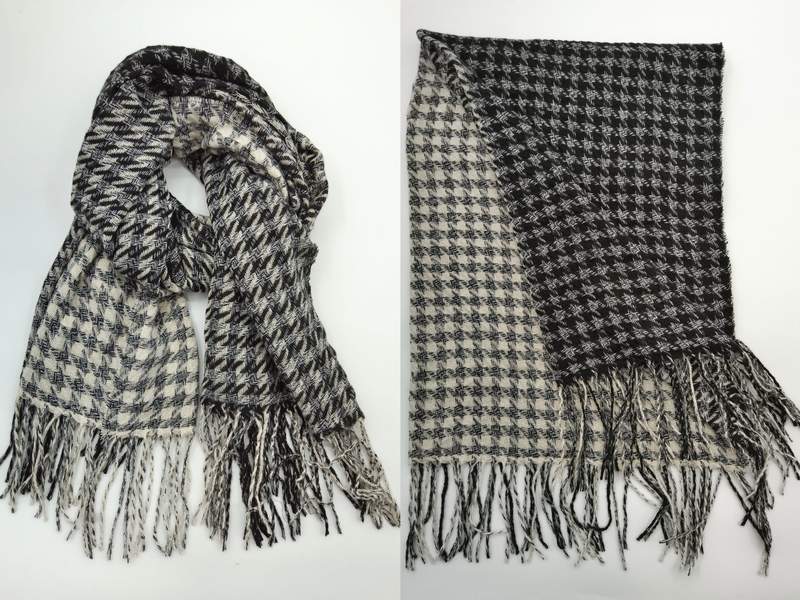 Black and cream houndstooth pattern woven scarf with long fringe trim, shown draped and flat lay views - boutique retail bulk order