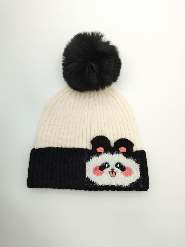 Cream and black ribbed knit winter beanie hat with cute panda face patch and large black faux fur pompom on top - express production 15 days