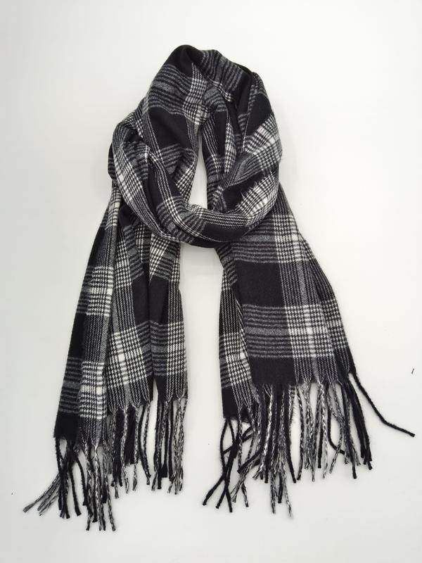 Black and white plaid tartan scarf with fringe ends, loosely knotted and laid flat on white background - 5-day digital sample ready