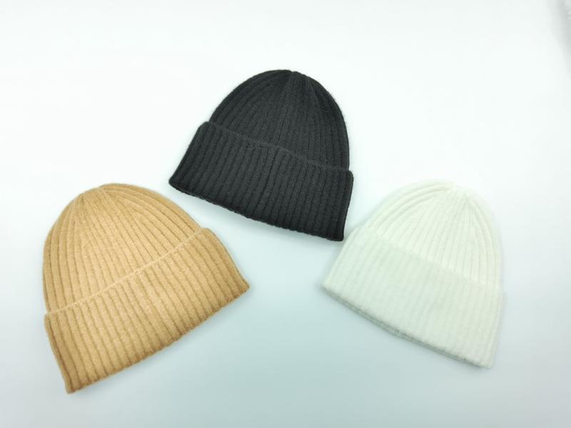 Three ribbed knit beanie hats in black, camel, and ivory displayed on white background, folded cuff style - 5-day digital sample ready