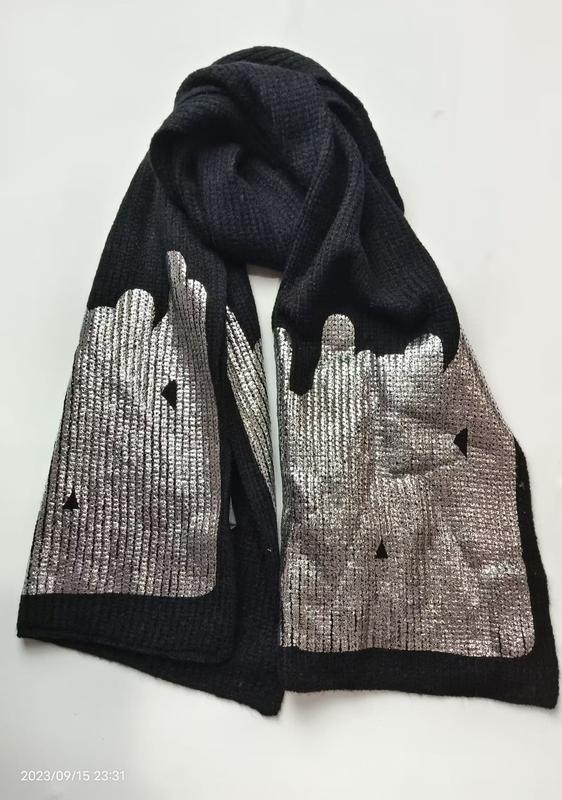 Black ribbed knit winter scarf with shiny silver metallic foil city skyline and drip pattern on both ends - ask bulk pricing get discount