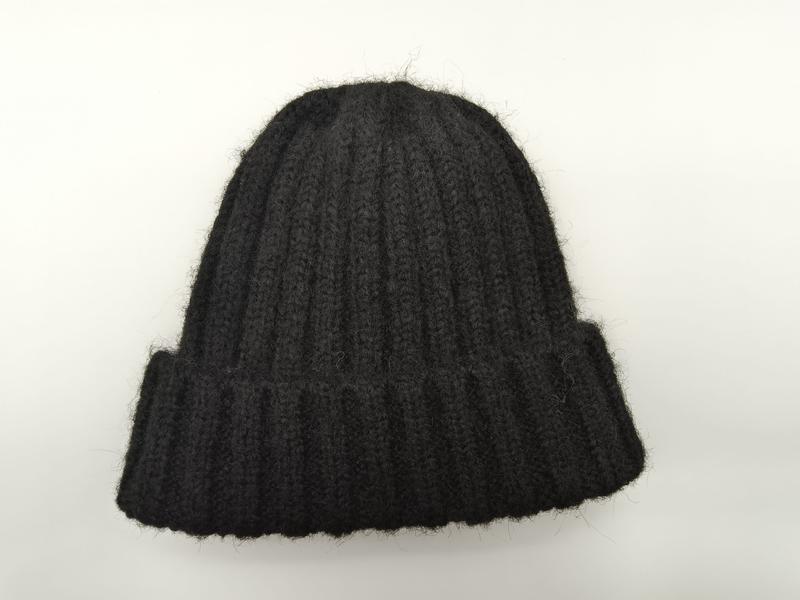 Black chunky ribbed knit beanie hat with folded cuff, laid flat on white background, fuzzy wool texture - 5-day digital sample ready