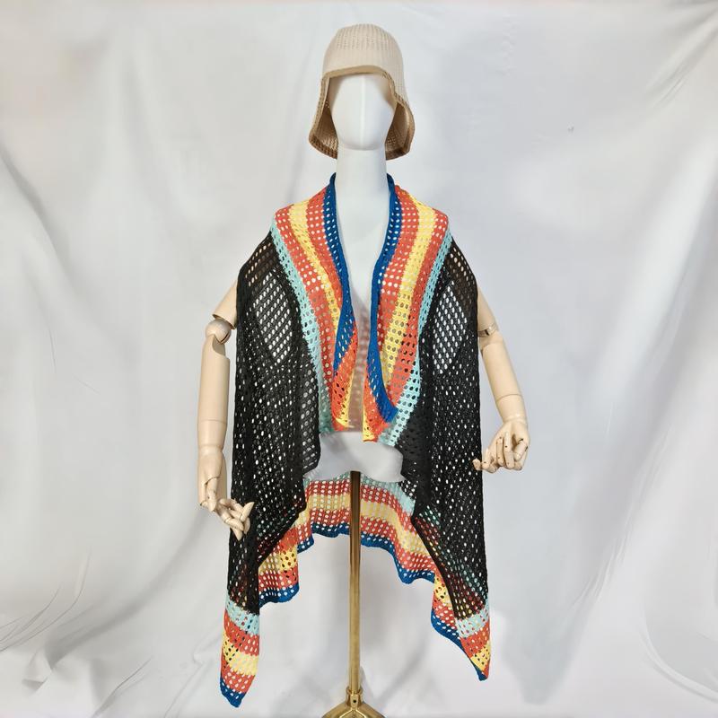 Black crochet mesh open-front vest with multicolor rainbow striped border displayed on mannequin with beige bucket hat - jacquard custom pattern accepted
