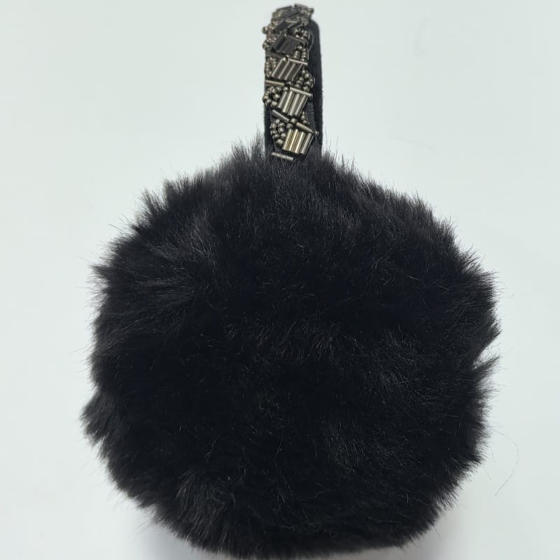 Black fluffy faux fur hair clip barrette with colorful teardrop rhinestone crystals on dark fabric band - sample order 10pcs available