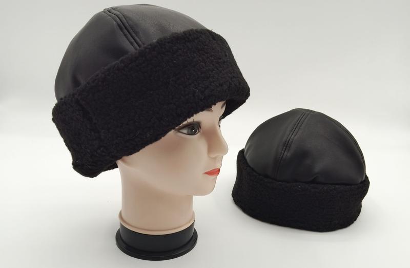Black faux leather winter beanie hat with sherpa fleece band shown on mannequin head and standalone, unisex cold weather cap - request quote reply same day