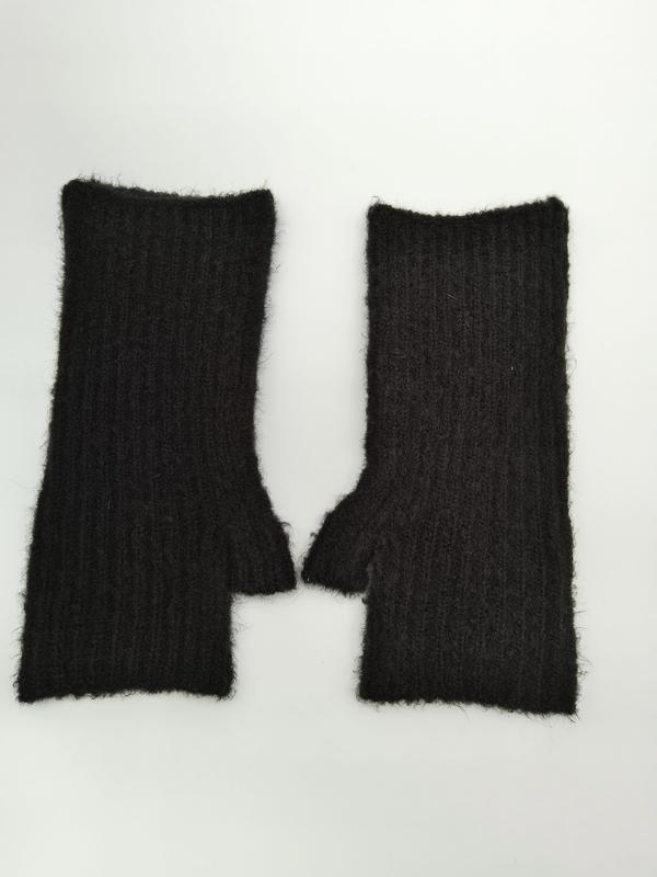 Pair of black ribbed fingerless gloves with fuzzy mohair-blend texture and thumb hole, laid flat on white background - custom logo label accepted