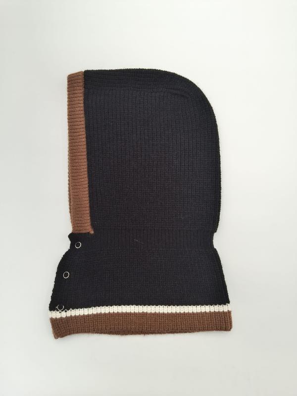 Black ribbed knit balaclava hood with brown trim, white stripe accent, and silver snap buttons on white background - express production 15 days