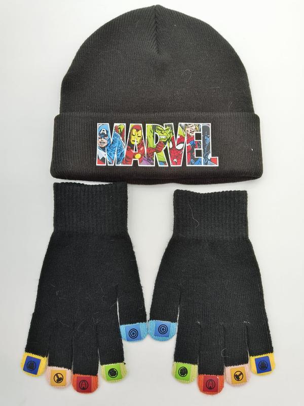 Black knitted beanie hat with Marvel superhero logo and matching fingerless gloves with colorful character fingertips, laid flat on white background - express production 15 days