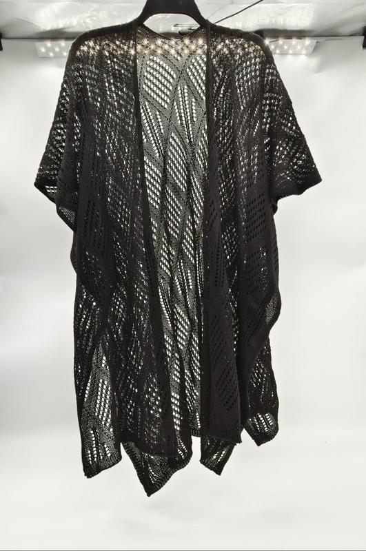 Black open-weave crochet kimono cardigan with diagonal lace pattern hanging on a hanger against white background - factory direct price no middleman