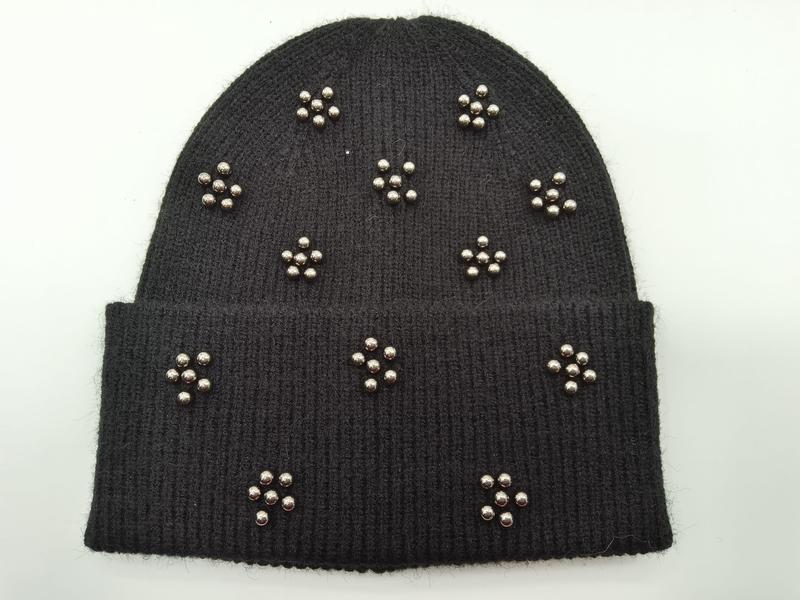 Black ribbed knit beanie hat with silver metal ball stud floral clusters scattered across the cuff and crown - air shipping 5-7 days arrival