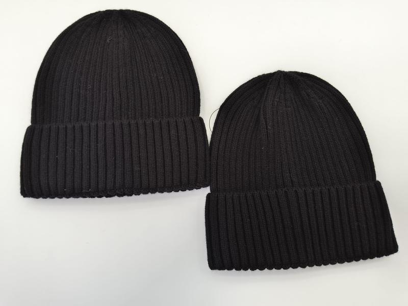 Two black ribbed knit beanie hats with cuffed brims displayed flat on white background, one larger and one smaller - certified scarf manufacturer China - wholesale price for USA buyers