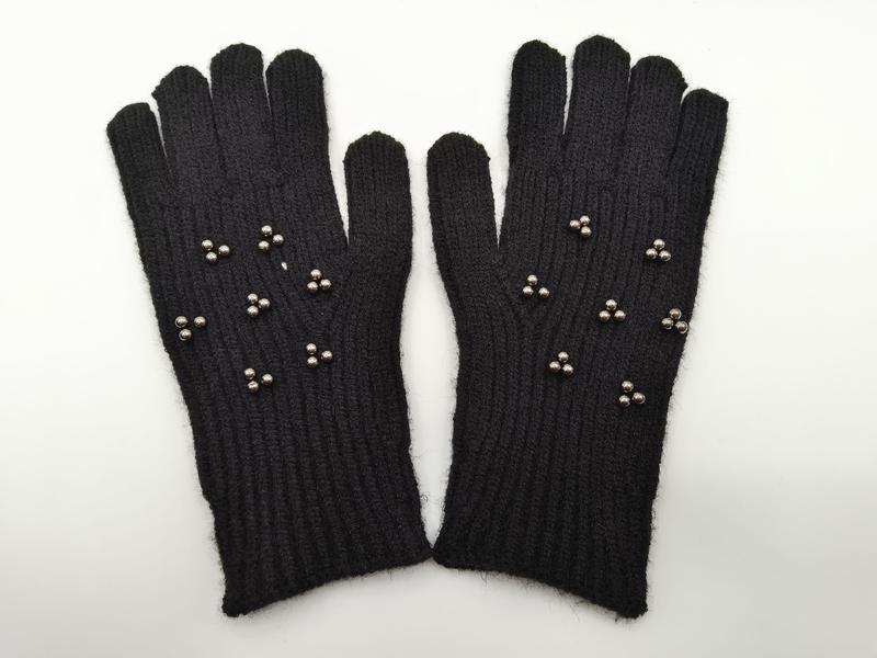 Pair of black ribbed knit winter gloves adorned with small silver metallic stud clusters on the back of the hand - express production 15 days