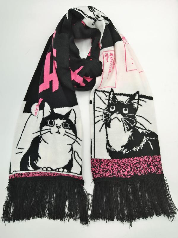 Knit scarf with black and white manga-style cat illustrations, pink Japanese text accents, and black fringe trim - small batch 100pcs accepted