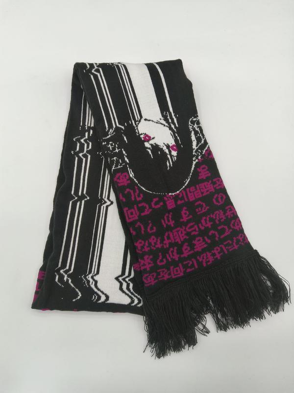 Black knit scarf with white graphic portrait, pink Japanese script text pattern, and black fringe trim ends - retail buyer inquiry welcome - sample order 10pcs available
