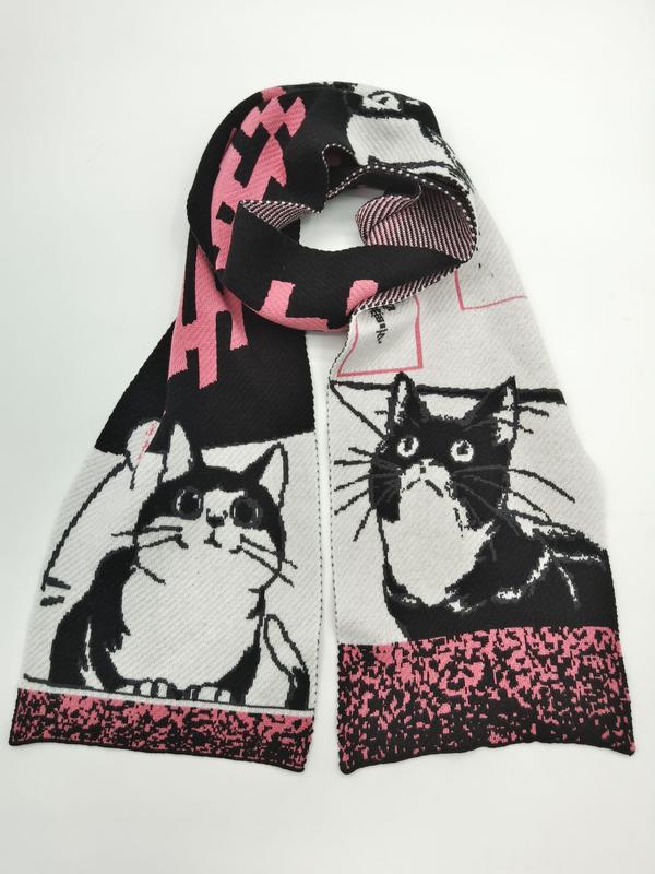 Knitted scarf with black and white tuxedo cat illustrations and pink geometric patterns looped on white background - ODM OEM service available