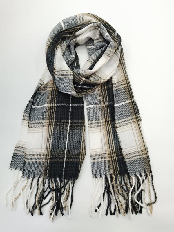 Folded black, white, and tan tartan plaid scarf with twisted fringe ends on white background - ISO 9001 quality controlled
