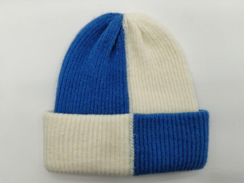 Blue and cream color block ribbed knit beanie hat with folded cuff, soft wool-blend winter hat - retail buyer inquiry welcome - custom size no extra charge