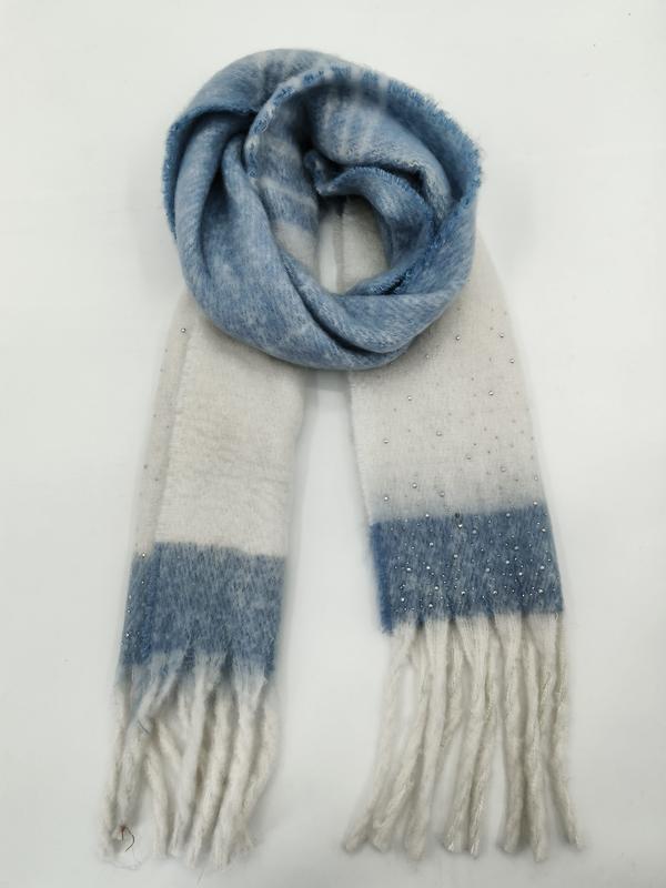 Soft blue and cream plaid winter scarf with pearl beads and fringe ends, coiled and laid flat on white background - bulk order 20-day delivery