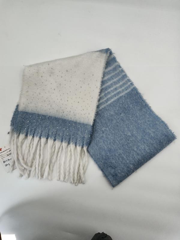 Folded blue and white ombre scarf with scattered rhinestones, fringe ends, and diagonal stripe pattern on soft fluffy fabric - retail buyer inquiry welcome - wholesale price for Middle East buyers