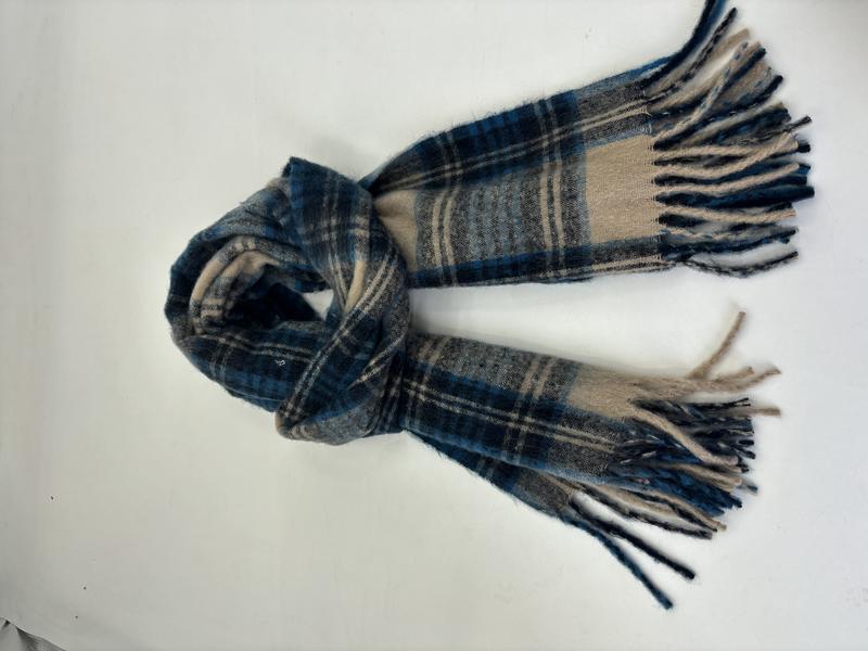 Soft blue, beige and grey tartan plaid scarf with fringe ends, loosely knotted on white background - no MOQ for stock designs