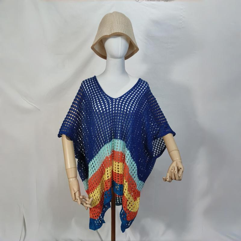 Mannequin wearing blue crochet open-knit poncho with rainbow stripe hem and beige bucket hat on white background - custom Pantone color matching