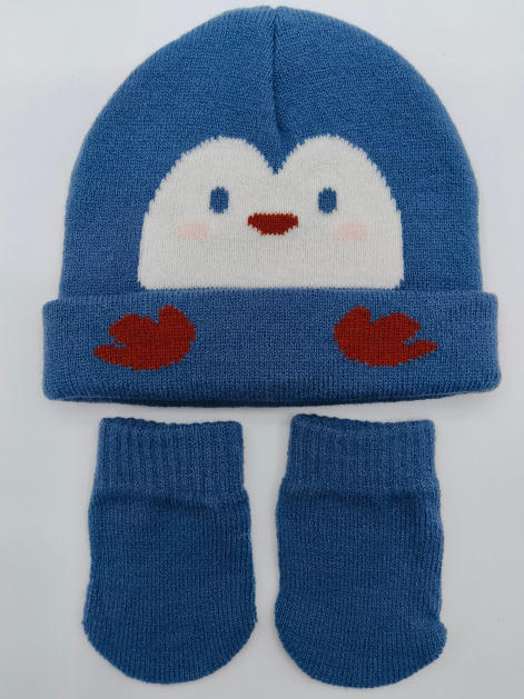 Blue knitted baby beanie hat with penguin face intarsia design and matching mittens set on white background - contact for custom design quote