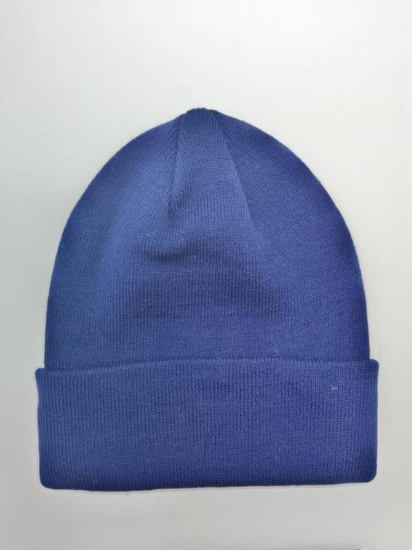 Plain royal blue knit beanie hat with folded ribbed cuff, laid flat on white background, unisex winter cap - express production 15 days