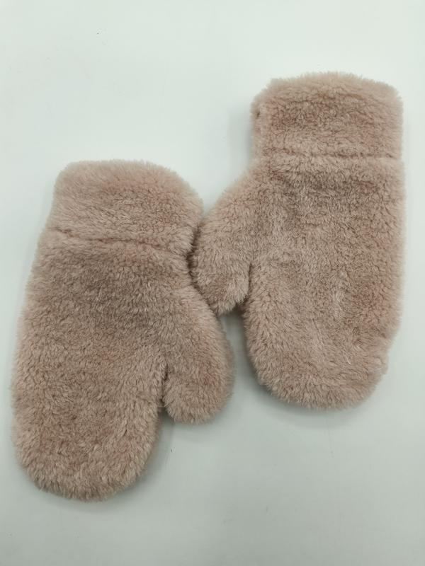 Pair of blush pink fluffy faux fur winter mittens laid flat on white background - ODM OEM service available - ask bulk pricing get discount