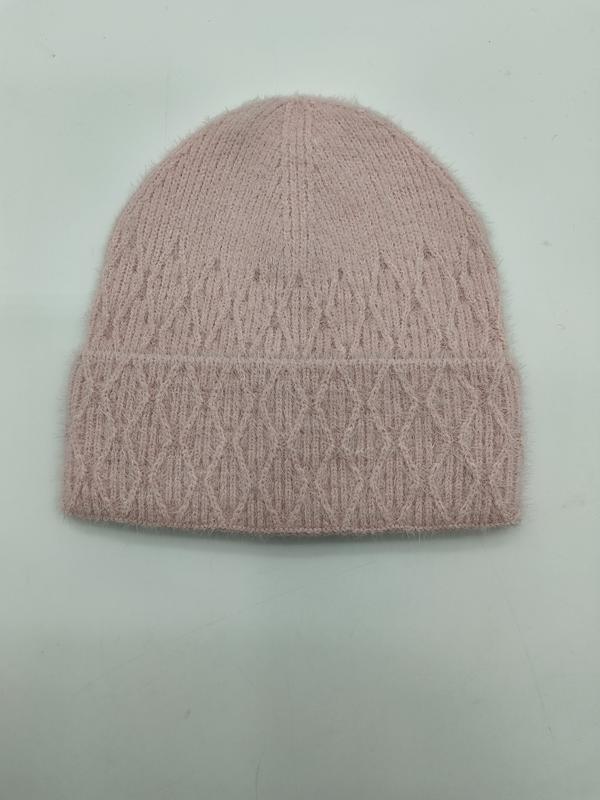 Blush pink fluffy cable knit beanie hat with diamond pattern and folded cuff on light background - request quote reply same day
