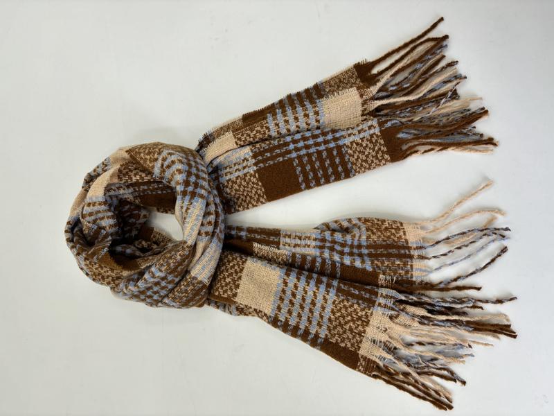 Woven plaid scarf in brown, blue, and cream with fringe ends, loosely knotted on white background - ODM OEM service available - small batch 100pcs accepted