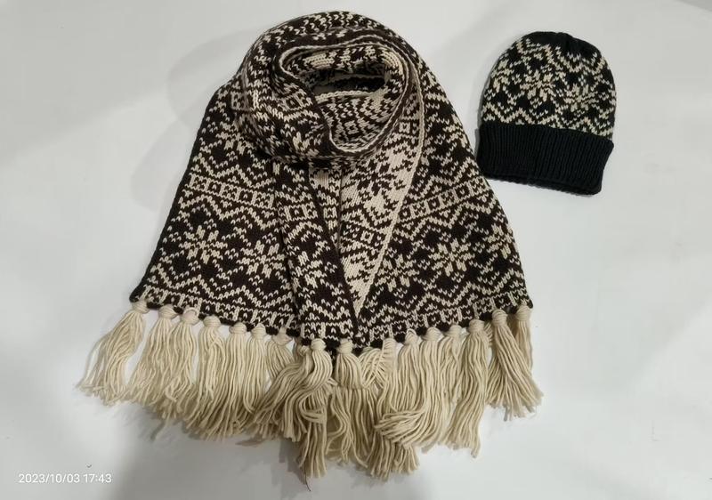 Brown and cream Fair Isle knit scarf with fringe tassels and matching snowflake beanie hat set on white background - wholesale price for Europe buyers
