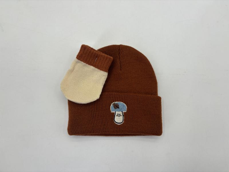 Brown ribbed knit winter beanie hat with small embroidered patch, paired with cream and brown two-tone knit mitten - bulk order 500+ pcs extra 8% off