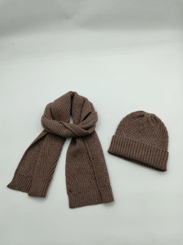 Brown ribbed knit winter scarf and matching beanie hat set displayed on white background, featuring chevron texture pattern - gift shop wholesale supplier