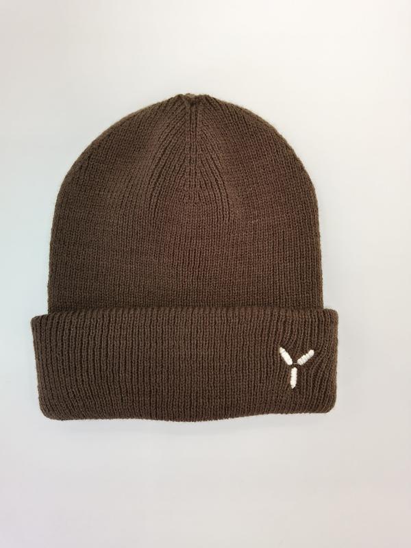 Brown ribbed knit winter beanie hat with folded cuff and small white embroidered logo on light background - BSCI audit passed supplier