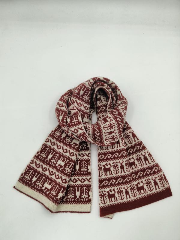 Knitted winter scarf in burgundy and cream with Fair Isle reindeer and Nordic pattern, looped on white background - wholesale price for Middle East buyers