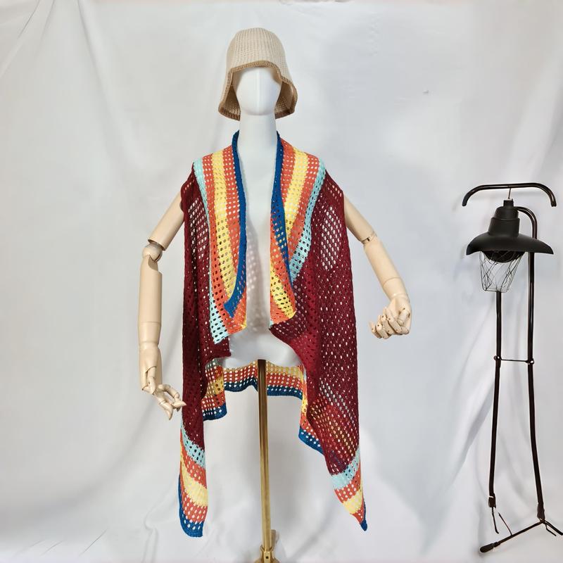 Mannequin wearing a burgundy crochet open-knit sleeveless cardigan with rainbow multicolor stripe border trim - MOQ 100pcs mixed colors OK