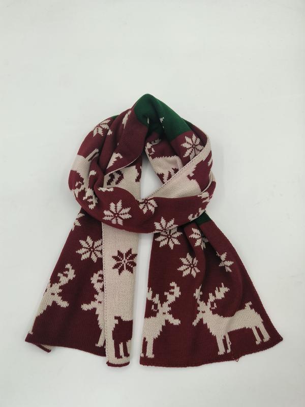 Burgundy and cream knitted scarf with reindeer and snowflake Nordic pattern, looped and draped on white background - certified scarf manufacturer China - factory direct price no middleman