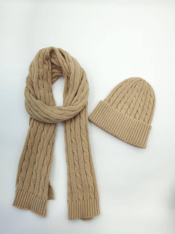 Camel tan cable knit winter scarf coiled beside matching beanie hat on white background - custom size no extra charge
