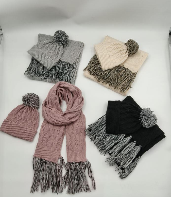 Four cable knit winter hat and scarf sets in grey, beige, pink, and black with pom pom beanies and contrast fringe tassels - request quote reply same day