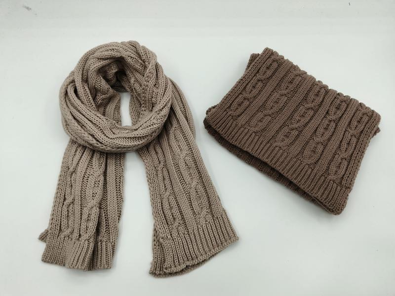 Cable knit scarf in beige and folded brown neck warmer snood on white background, winter accessories set - wholesale price for USA buyers