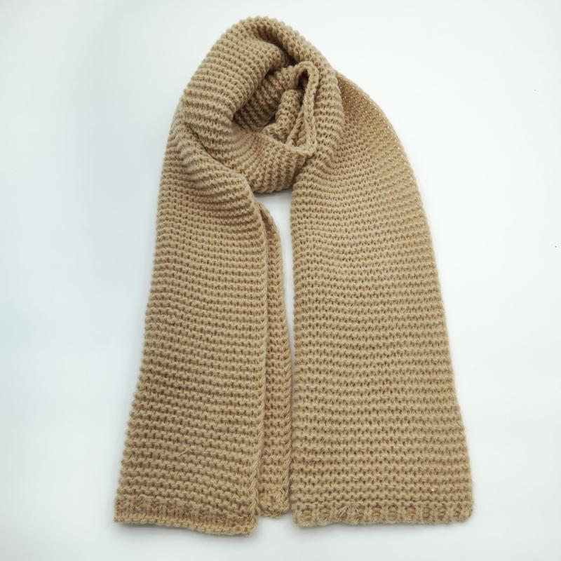 Camel beige chunky knit scarf with waffle texture pattern, loosely looped on white background, soft winter accessory - small batch 100pcs accepted